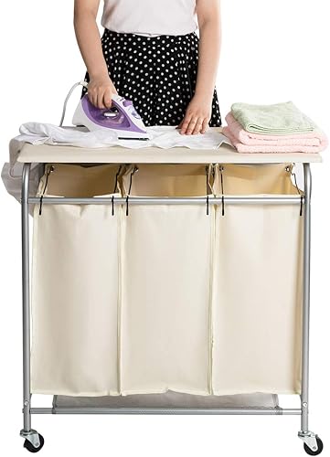 Miniatura 2 de HollyHOME - Carrito organizador de ropa sucia con mesa de planchar plegable y 3 bolsas extraíbles, con cestas clasificadoras