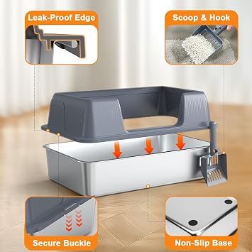 Vivifying Stainless Steel Cat Litter Tray with Scoop for Cats up to 8.2kg | Easy to Clean and Odour-Resistant XL Stainless Steel Cat Litter Box