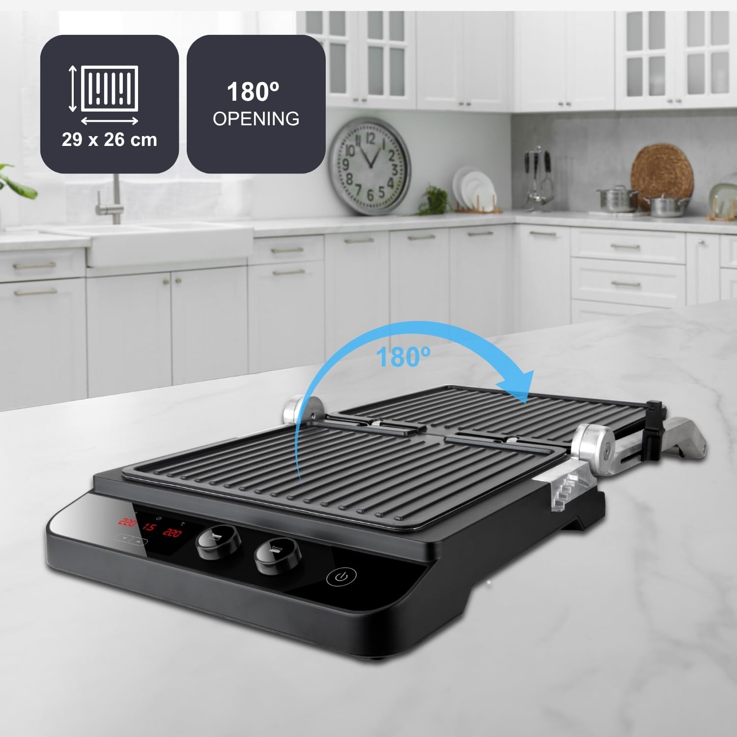 BLACK+DECKER BXGR2000E grill kontaktowy, 2000 W, 2 w 1: gładkie płyty i grill, przygotowywanie mięsa, ryb, warzyw, otwarcia 180º, kontrola temperatury i czasu z wyświetlaczem LCD