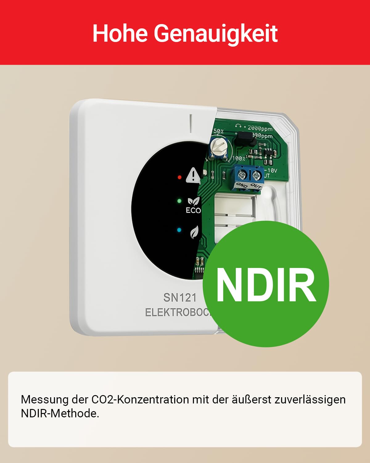 ELEKTROBOCK SN121 CO2 Messgerät mit 0–10V Ausgang – CO2 Sensor für Lüftungsanlagen | Luftqualität Messgerät & CO2 Monitor für Raumluft | präzise CO2 Messung