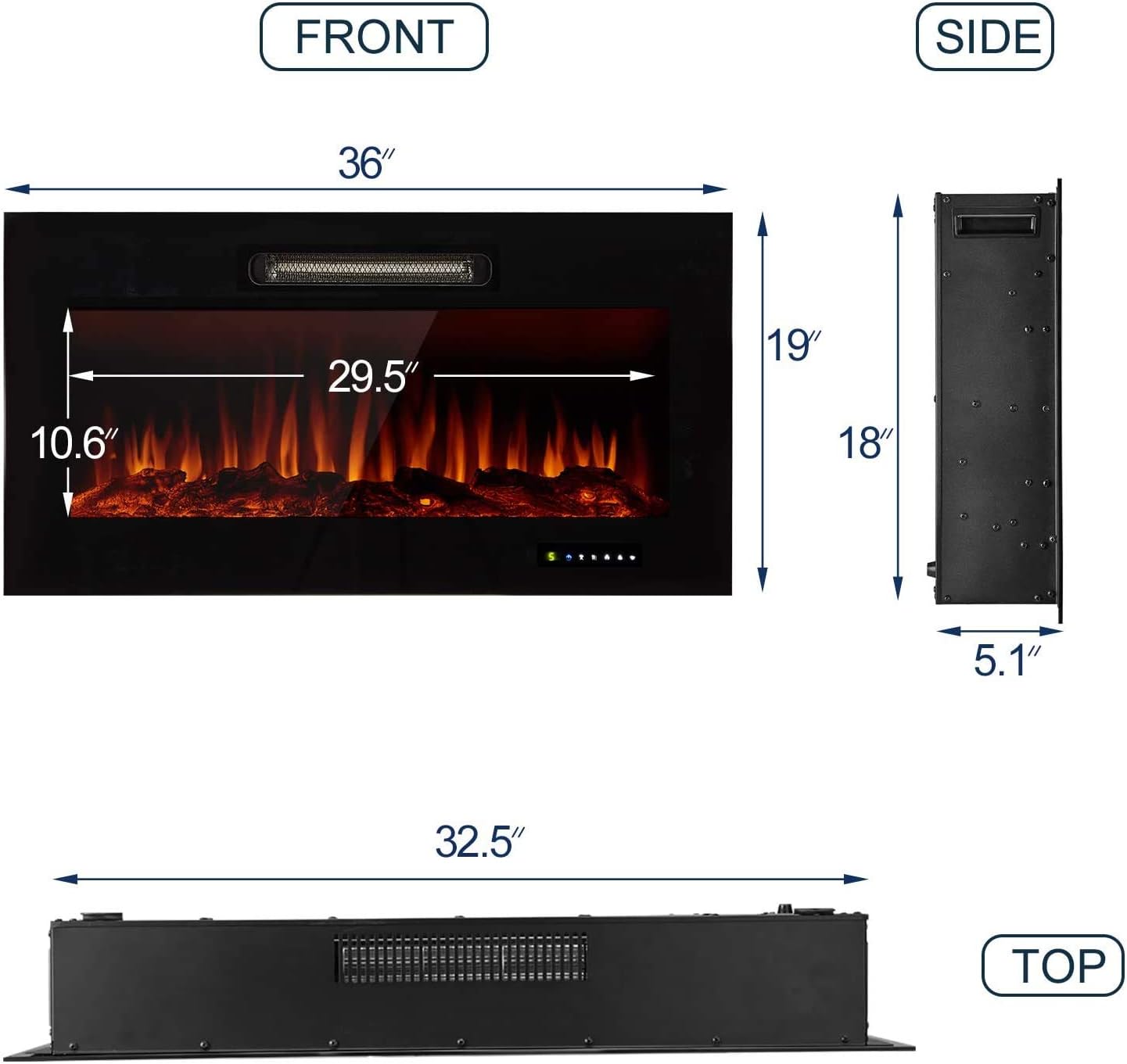 U-MAX 36" Recessed Wall Mounted Electric Fireplace Insert, 9 Colors Flame/Touch Control Screen & Remote/750-1500W Heater with Timer, Log & Crystal Hearth Options, Black