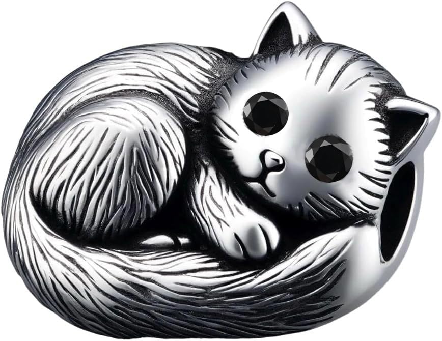 Bolenvi Sleeping Kitten Cat Charm Bead, 925 Sterling Silver Charms, Compatible with Pandora Charm Bracelets, Necklaces, and DIY Jewelry, Handcrafted with Moonstone Opal Inlay and Cubic Zirconia