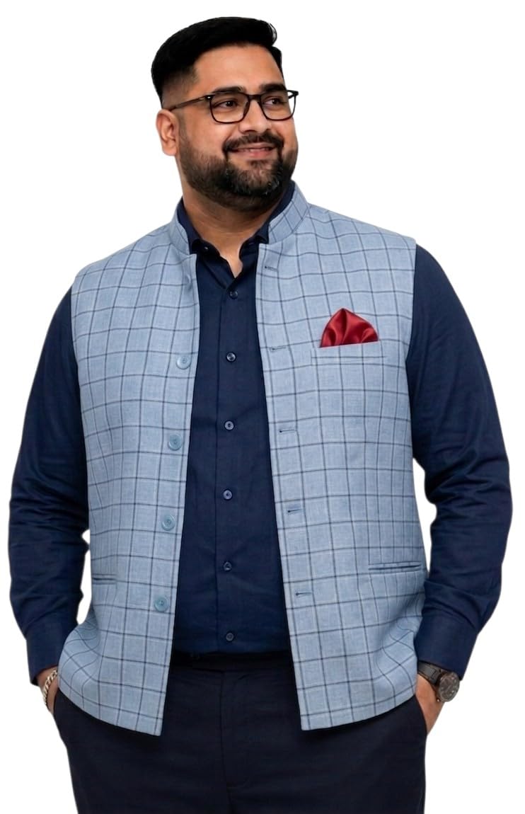 Men's Plus/Big/Tall Size Nehru/Modi Jacket/Waistcoat,sky blue Checkerd Cotton Blend Ethnic Waistcoat for Formal,Wedding, Party and Office-image-47