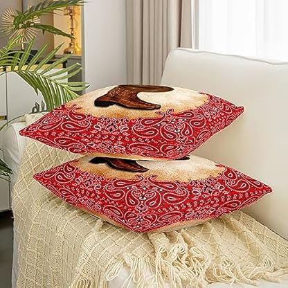 richhome Western Cowboy Stiefel Hut Wurf Kissenbezug, rote Paisley Blumen EthnicKissenbezug 40x40 für Büro, Vintage alte Papiermuster Kissenbezug im Freien Kissenbezug Single Pack – Bild 4