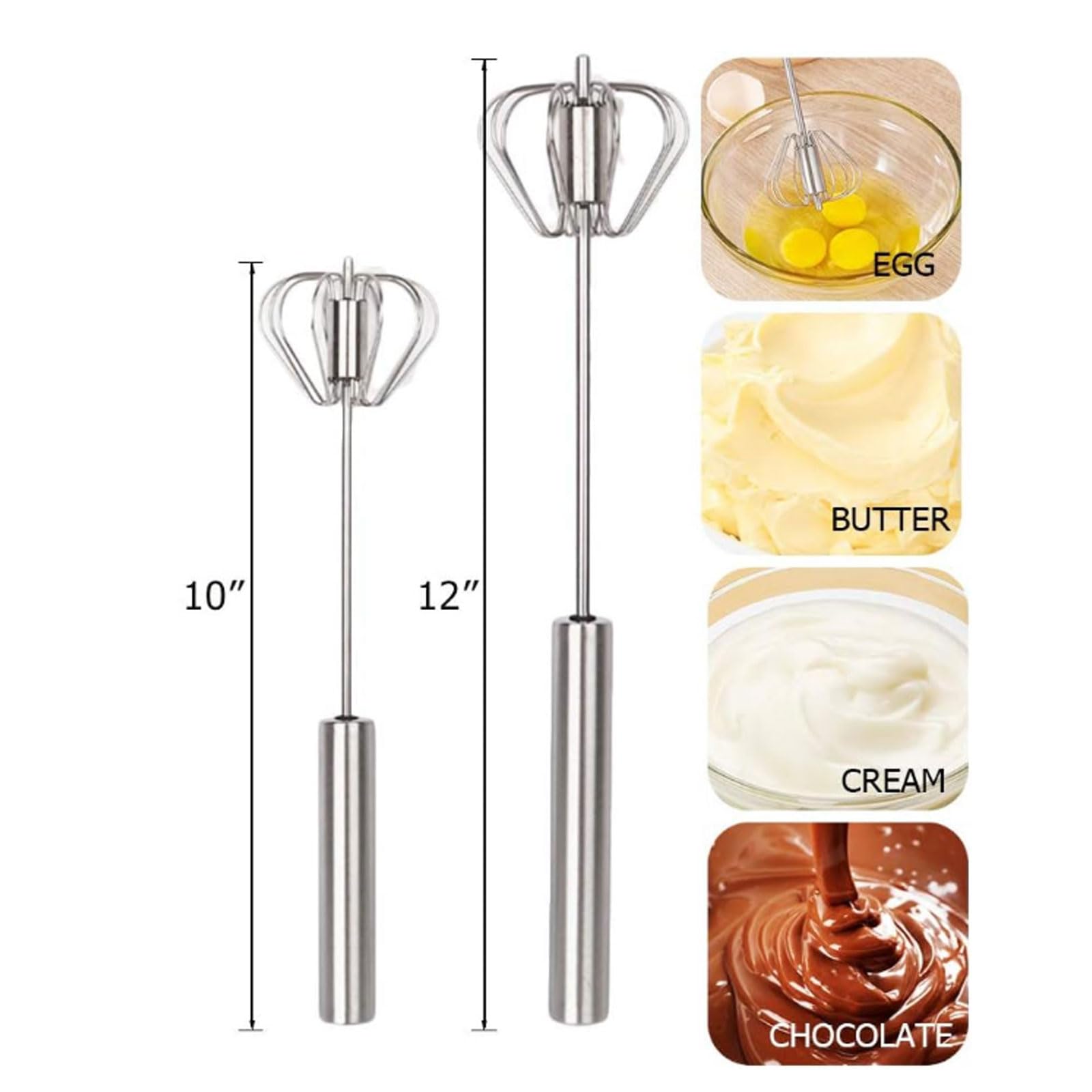 2 Pack Semi-Automatic Egg Whisk Beater, 10in &12in Whisk, Stainless Steel Mini Hand Whisk, Hand Push Egg Beater - Image 2