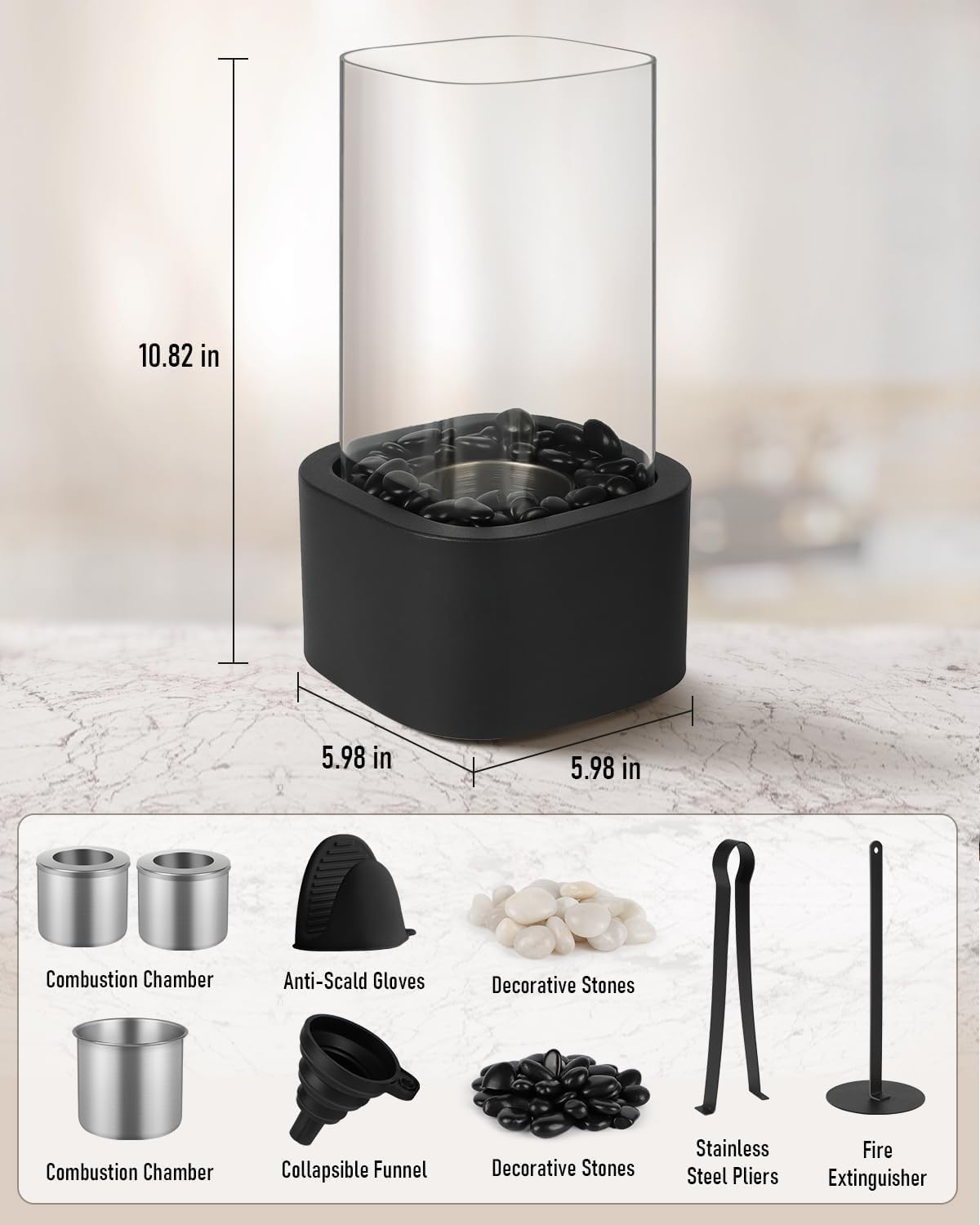 Tischkamin mit 2 Farben Deko Steinenmit, Tischfeuer für Indoor & Outdoor 4h Brenndauer - Verstellbare Flamme, Bio-Ethanol Kamin für Abendessen,Party,Balkon - schaffen Sie eine angenehme Atmosphäre