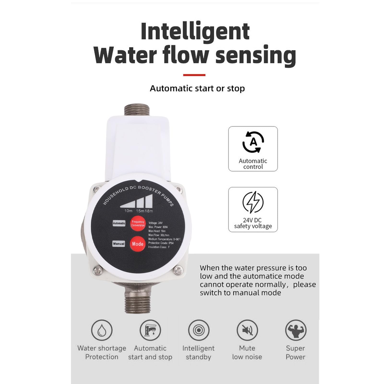Cocoarm Intelligente Dusch-Booster-Pumpe, Gusseisen-Edelstahl-Wasserdruck-Booster-Pumpe, 80 W, 475,5 GPH, 3 Gänge, Automatische Erkennung, für Badezimmer, Küche, Dusche, Warmwasser-Bewässerung