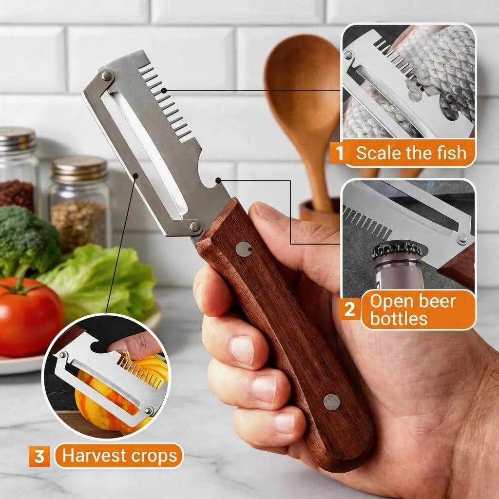 Pelador Multifuncional de Cocina,Peladores Patatas Serrado 3 en 1 Con Abridor de Botellas,Hoja de Acero Inoxidable y Mango de Madera de Frutas, Pepinos Para Verduras, Patatas y Zanahorias — view 3