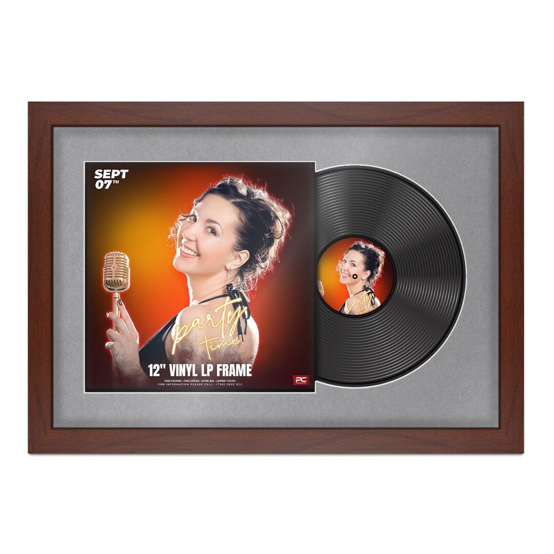 Procut Global 25x17" Rose Wood Vinyl Record Frame for 12 Inch LP Cover & Disc - Display Modern Photo Frame with Overlapped Design-Engineered Wood, Shatterproof Perspex - Mid Grey Mount — image 1