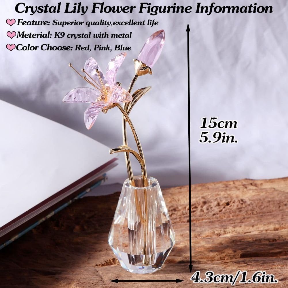 Crystal Tiger Lily Flowers with Crystal Vase Metal Stem Pink Lily Collectible Gifts for Women, Glass Lilium Flower Artifical Floral Figurines for Home Wedding Party Decor - Image 7