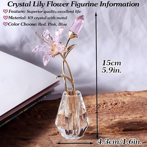 Miniatura 7 de Flores de lirio de tigre de cristal con jarrón de cristal, tallo de metal, lirio rosa, regalos coleccionables para mujeres, figuras florales