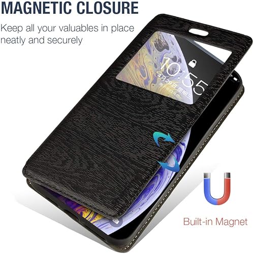 Miniatura 3 de Motorola Moto E5 Plus - Funda de piel de grano de madera con tarjetero y ventana, tapa magnética para Motorola Moto E5 Plus, color negro