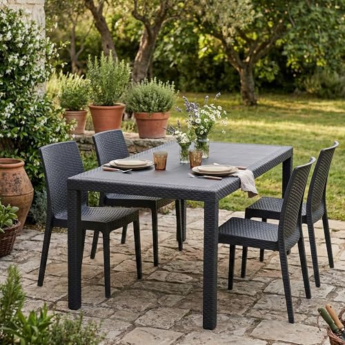 Dmora - Table d'extérieur Portici, Étagère à manger rectangulaire, Table de jardin polyvalente effet rotin, 100% Made in Italy, 150x90h72 cm, Anthracite