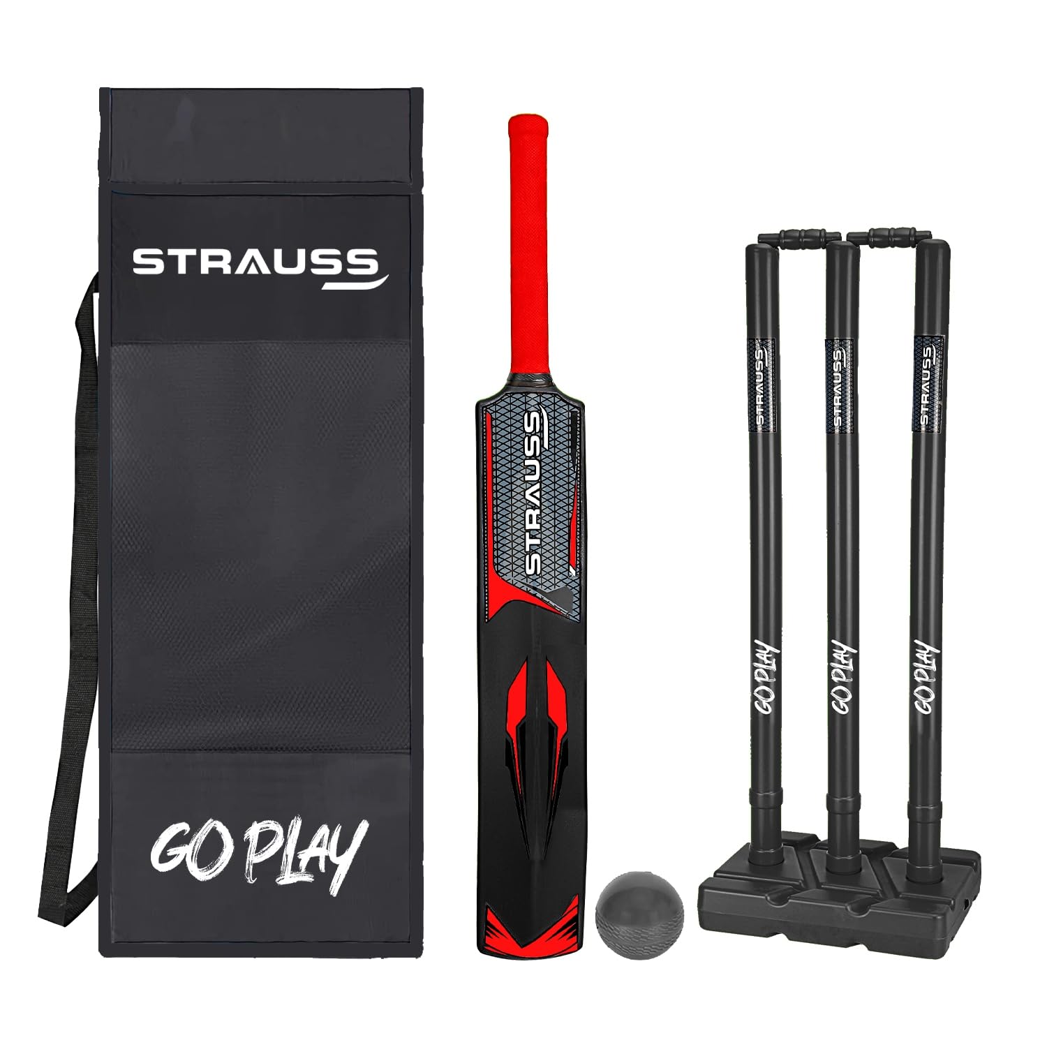 Strauss Cricket Combo Kit Set | Plastic/PVC Cricket Kit Set | Full Size | 1 Bat + 1 Ball + 3 Stumps + 2 Bails + 1 Base | Color: Black | for All Age Groups | Tennis & Synthetic Ball Cricket Kit