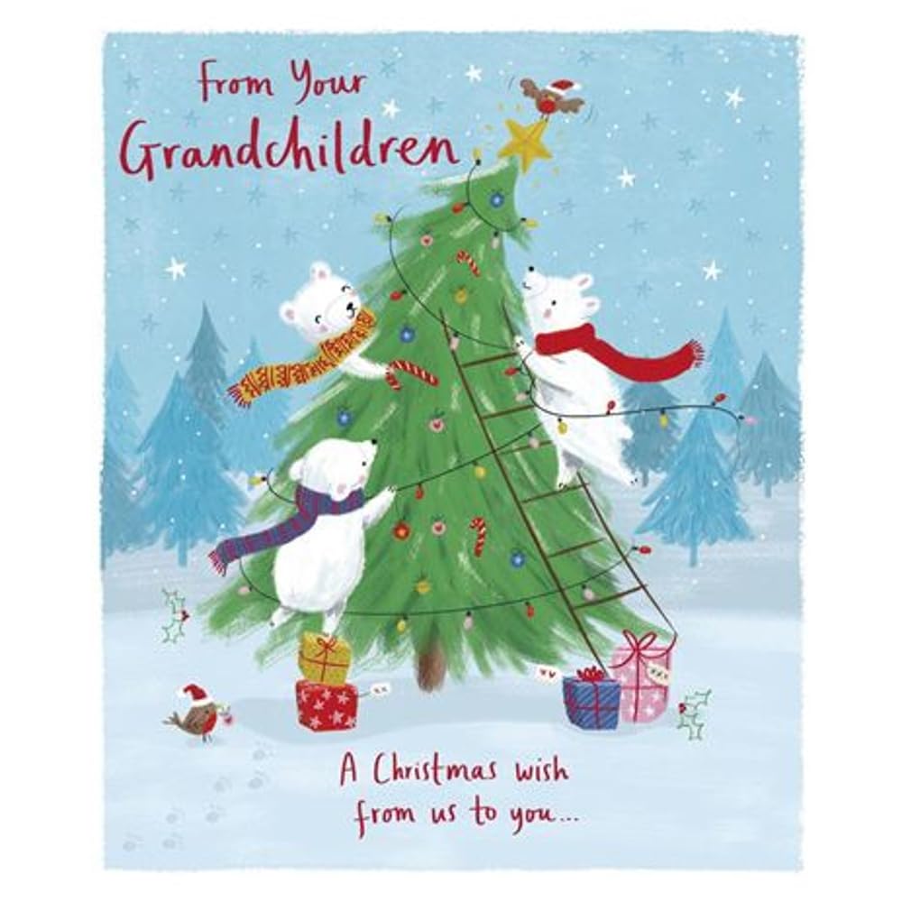 UK Greetings Christmas Card from The Grandchildren - Cute Polar Bears & Tree Design