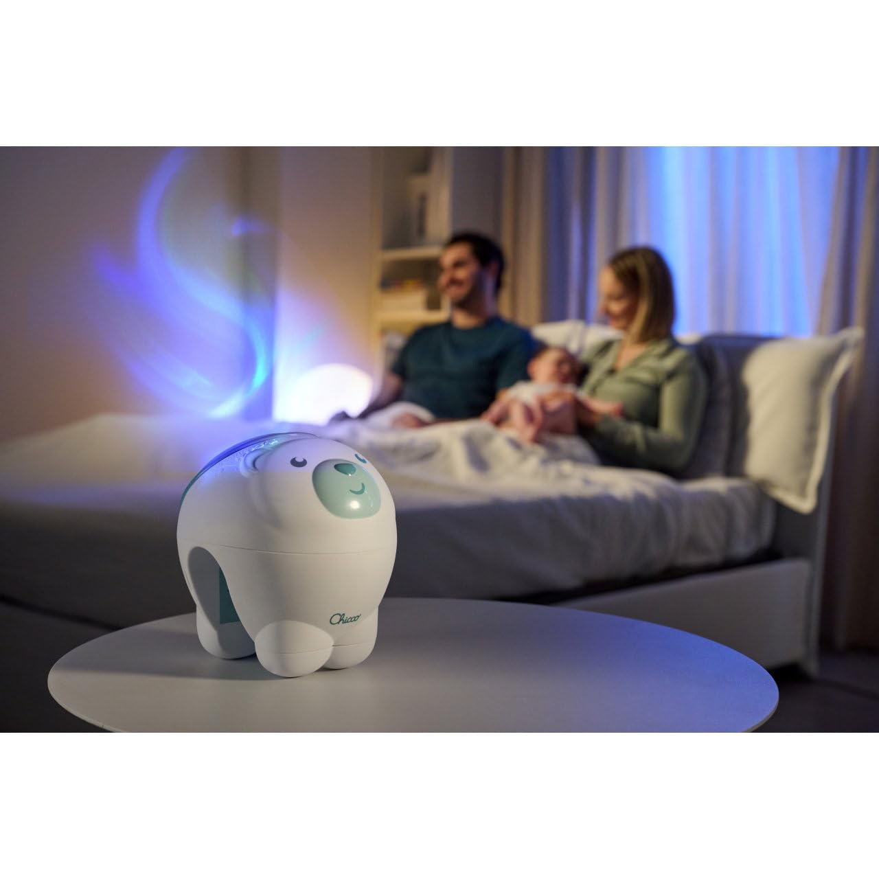 Projecteur 2en1 Ours Polaire First Dreams, pour berceau et à poser, veilleuse pour enfants, projection d'une aurore boréale, musique classique relaxante et sons de la nature, Pour bébés, 0M +, Bleu