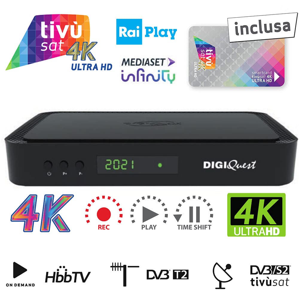 Decoder Ricevitore Tivù Sat Combo Digitale DVB-T2 Satellitare DVB-S2 Tivusat con scheda 4K HD UHD Tivusat inclusa Funzione PVR registrazione MAIN 10 HEVC H265 SCR e DCSS HbbTV On-demand rai e mediaset