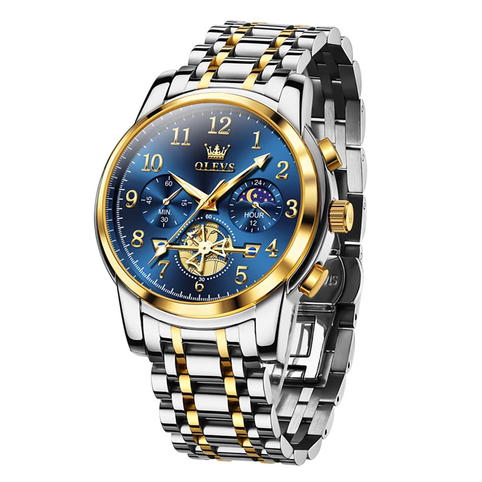 OLEVS Mens Business Watch Gold Blue with Large Easy-Read Analog Quartz Date Display Luxury Stainless Steel Band Waterproof Luminous Hands (B0D44HRXSK) Amazon Price History, Amazon Price Tracker