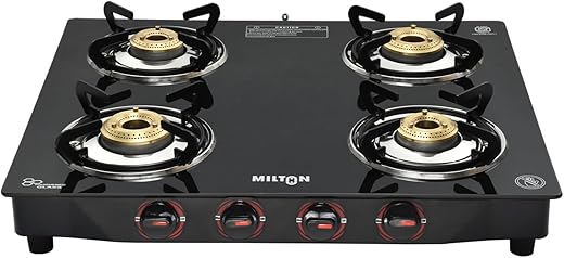 6. Milton Premium 4 Burner Black Glass Top Gas Stove, Manual Ignition LPG Stove - (ISI Certified, Door Step Service)