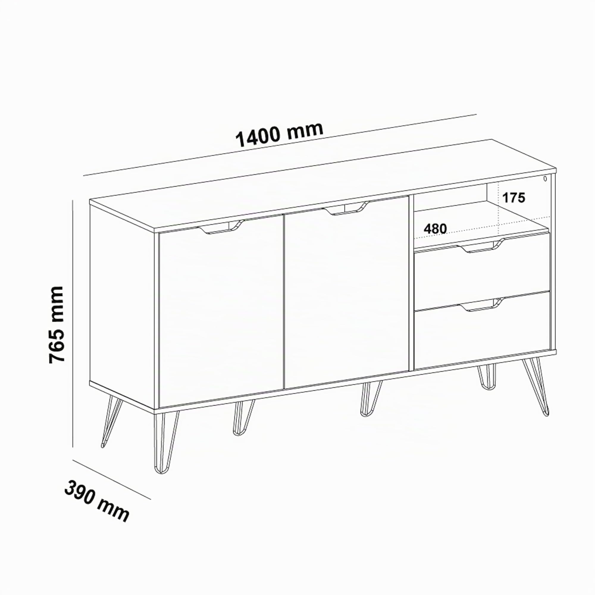 MOMMA HOME Aparador, Buffet, Salón Comedor 2 Puertas y 2 cajones, Modelo Estocolmo, Acabado en Roble, Blanco, Gris Oscuro y Claro Medidas: 140 cm (Ancho) x 40 cm (Fondo) x 65 cm (Alto)