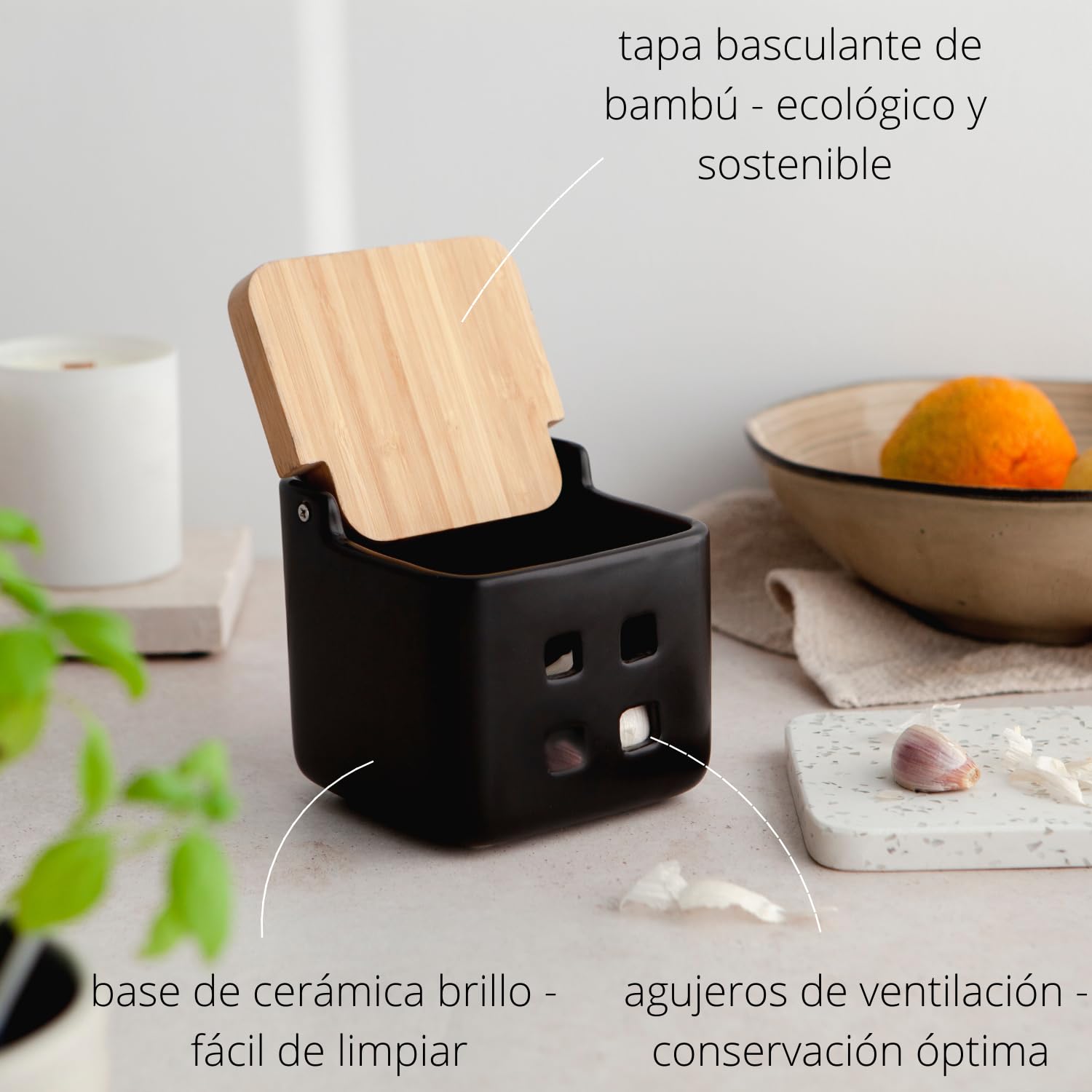 Set d'accessoires de cuisine - Comprend salière de cuisine et pot à ail - Pot à ail et salière de cuisine avec couvercle basculant - Céramique et bambou - 11,5 x 11,5 x 11,5 cm (Set 2 noir)