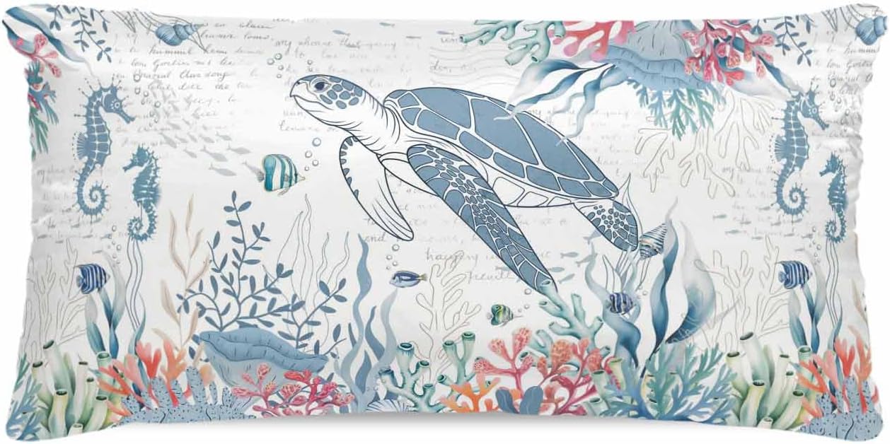 Coastal Turtle Pillow Cases Cal King Size, Summer Beach Nautical Smooth Satin Pillowcase for Hair and Skin, Ocean Coral Seahorse Decorative Cooling Bed Pillow Covers, 20x40 Inches