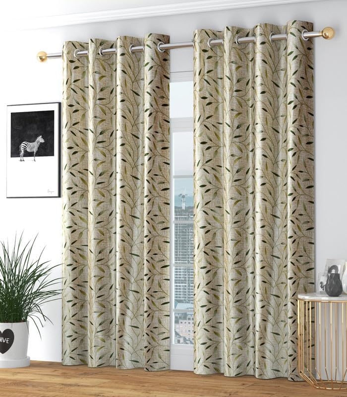 AH-DECOR Premium Polyester Heavy Fabric Leef Design Curtains, Door for 4x7 Feet, Green, Pack of 2 Pieces