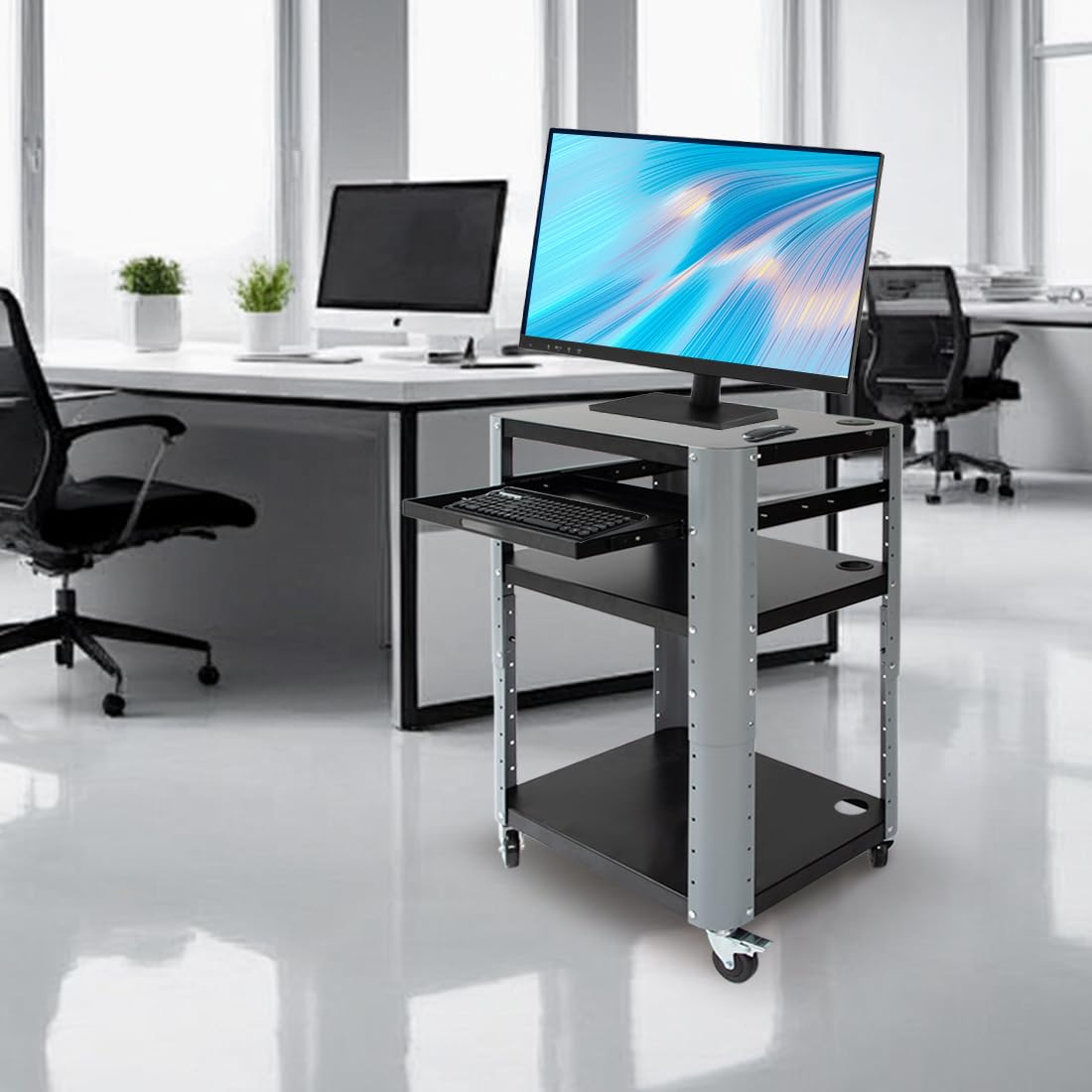 Carrito de 3 niveles con ruedas, estación de trabajo móvil con estantes ajustables en altura y bandeja para teclado extensible, capacidad de carga de hasta 130 kg, diseño desmontable, color