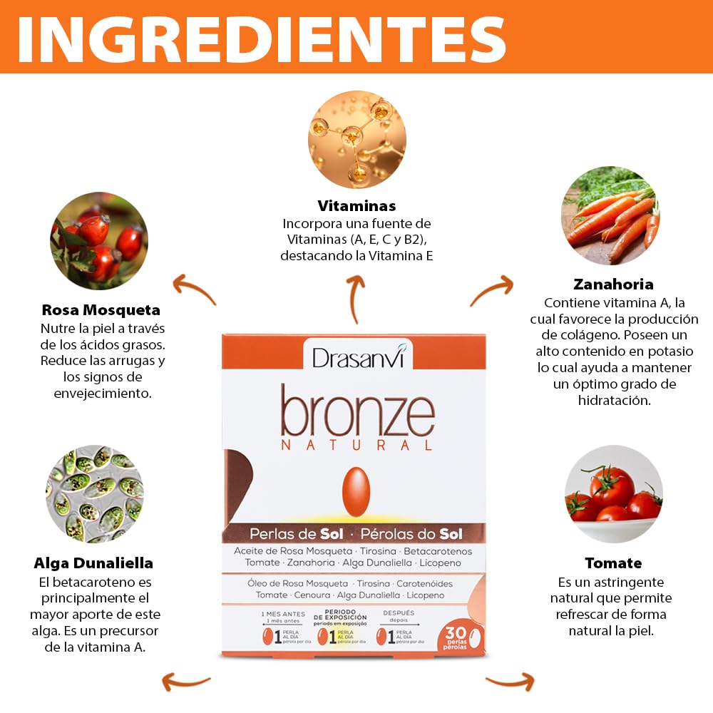 DRASANVI Acelerador de bronceado Betacarotenos Protege la Piel UVA Previene Envejecimiento Rosa de Mosqueta Tomate Zanahoria Alga Dunaliella Vitamina E Licopeno Luteína 30 días
