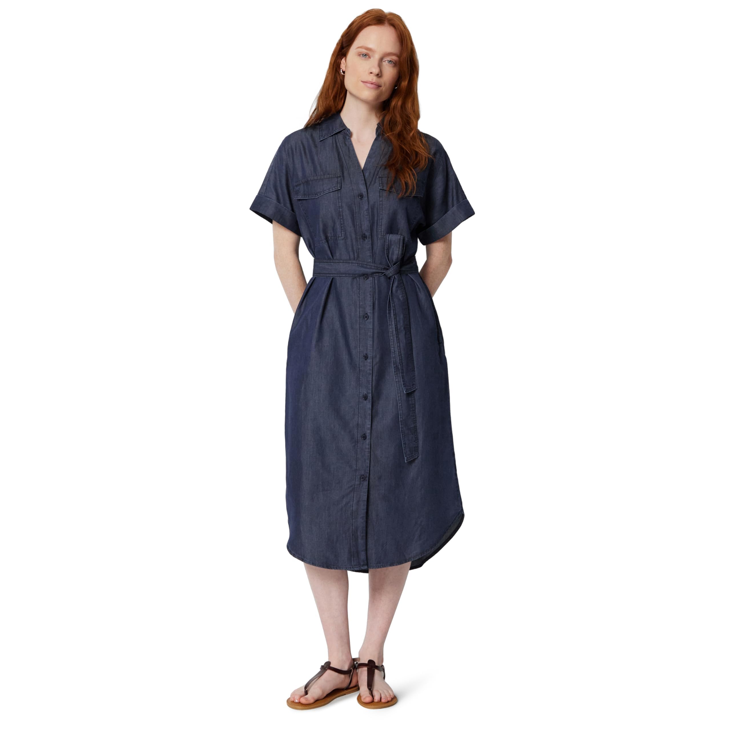 Amazon Essentials Abito Chemisier con Bottoni e Cintura, a Maniche Corte, Vestibilità Comoda Donna