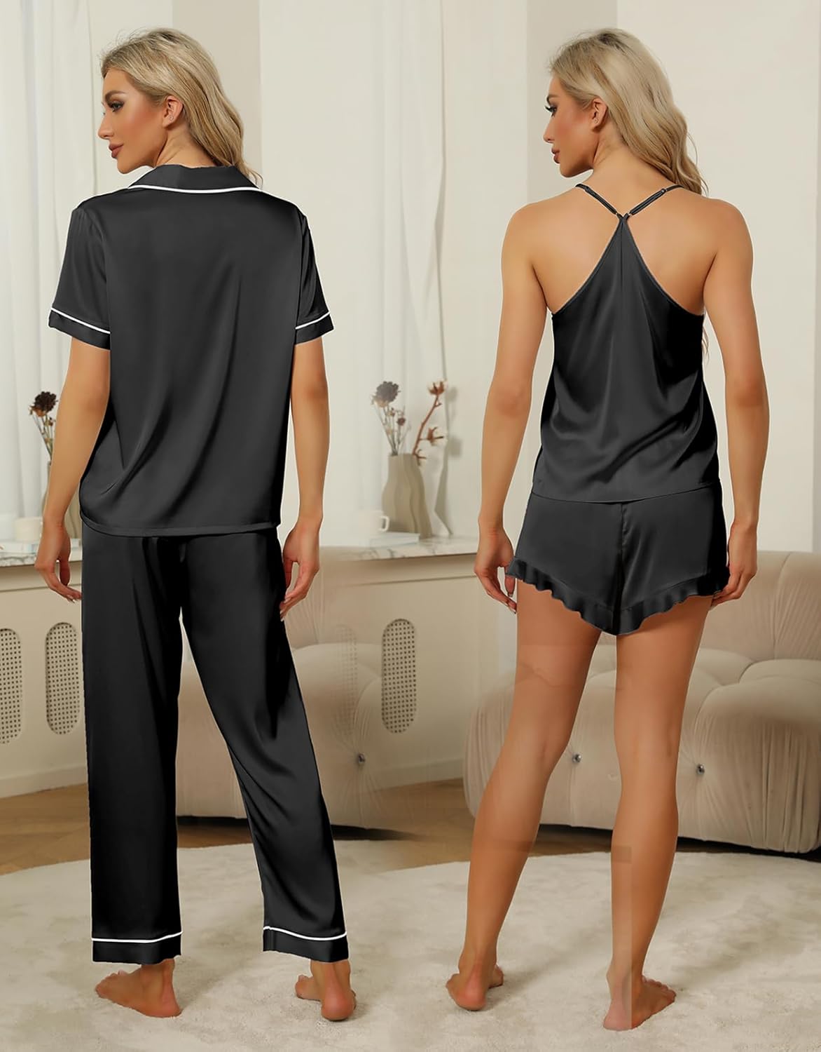 SAPJON Silk Pajamas for Women Set 4Pcs Ruffled Satin Pajamas Set Button Down Short Sleeve Cami Shorts Sleepwear Pj Set - Image 5