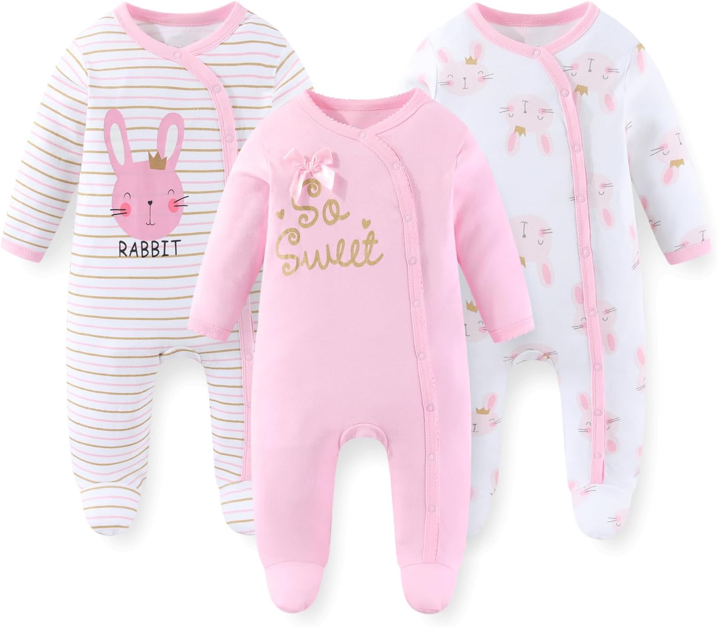 Unisex Baby Boy Girl Footies Rompers Cotton Long Sleeve 3 Pack Infant Jumpsuits 0-1...