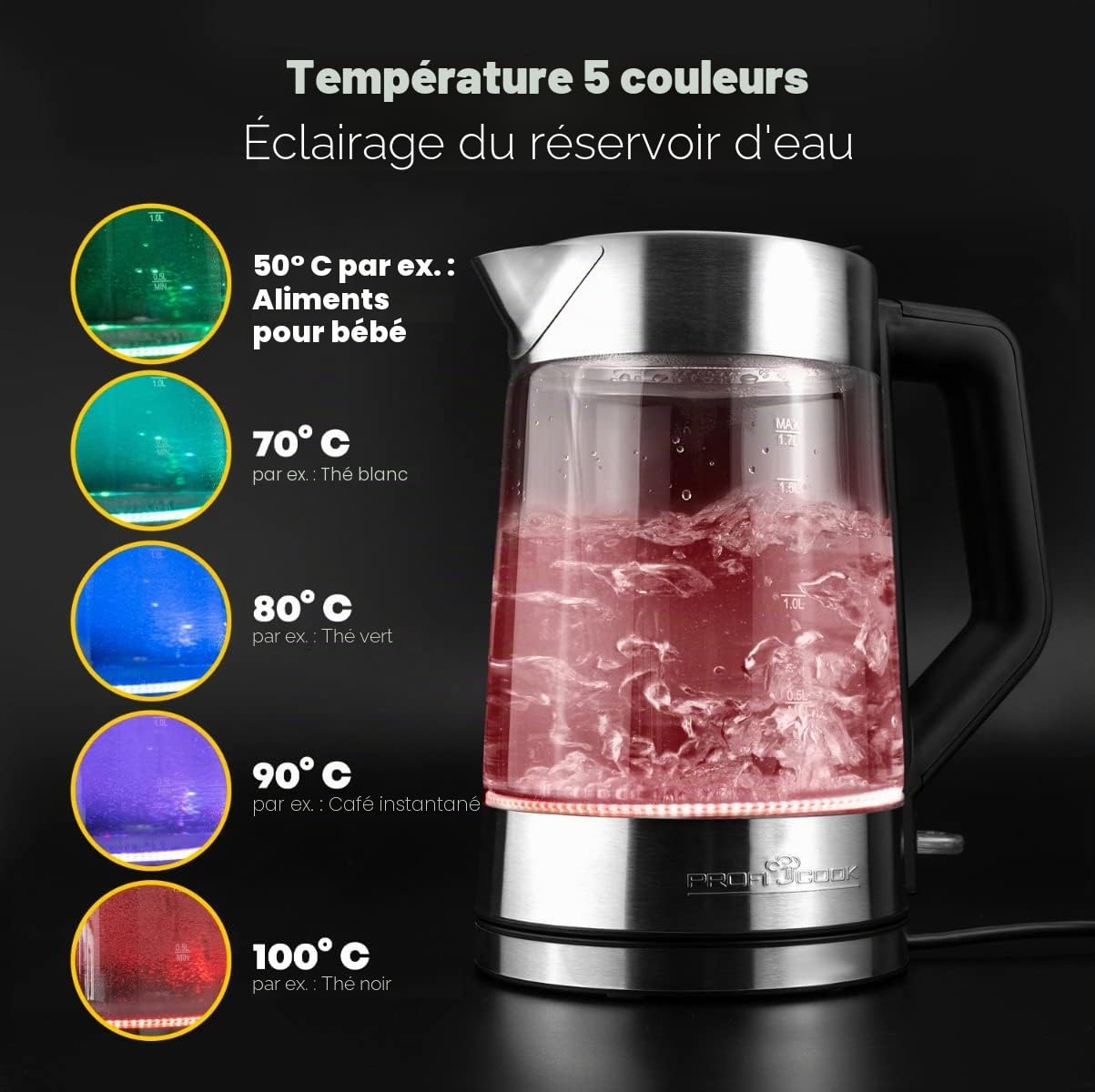 ProfiCook® Bouilloire électrique avec éclairage coloré et capacité de 1,7 litre,verre avec éclairage du réservoir d'eau en fonction de la température, Kettle avec arrêt automatique,2200W-PC-WKS 1190 G