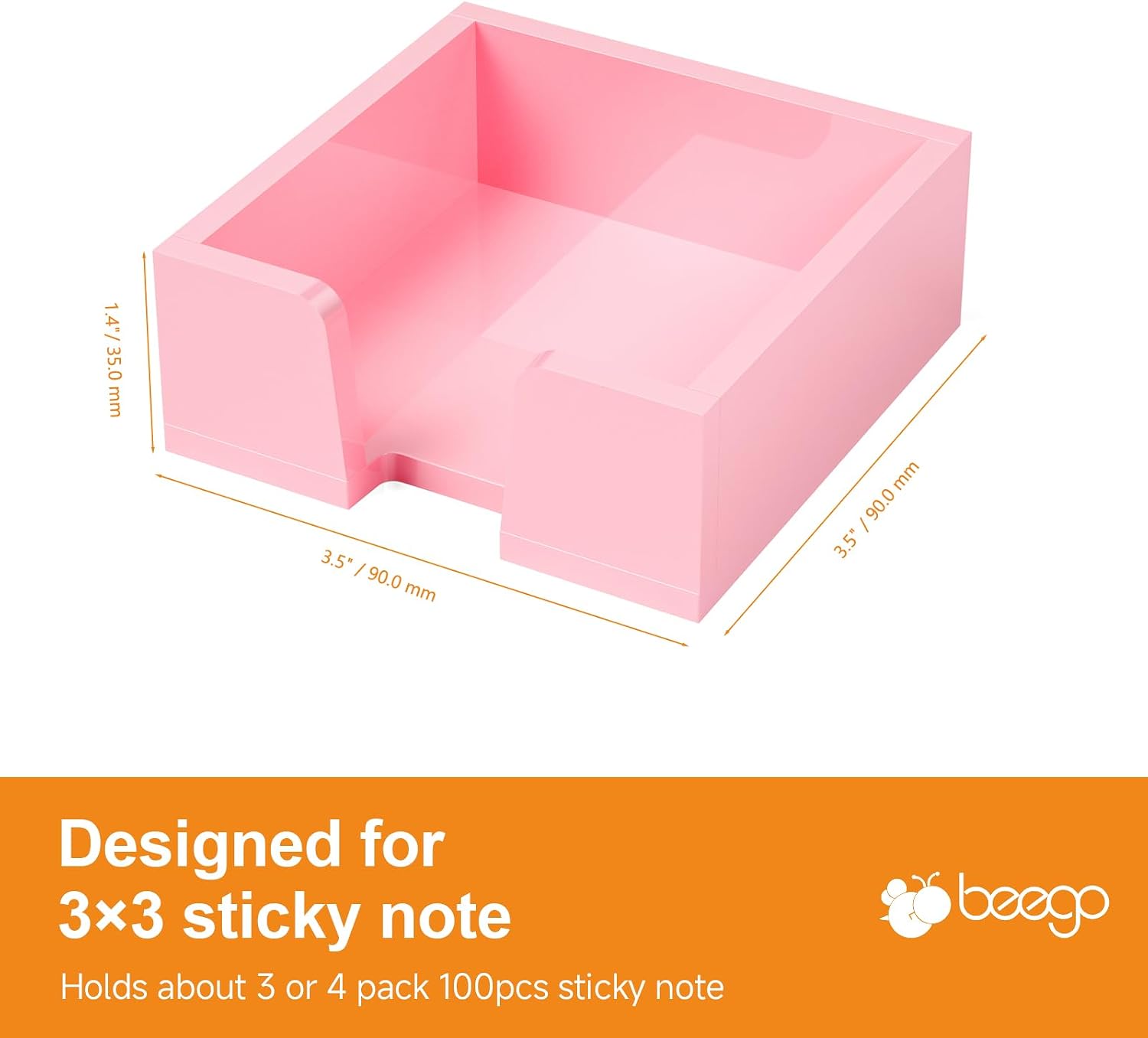 Beego Sticky Note Holder Organizer - 3x3 in Lightpink Acrylic Notepad Holder Acrylic Sticky Note Dispenser Cute Memo Holder (NO PADS) for Dorm Room Office Desk Organization