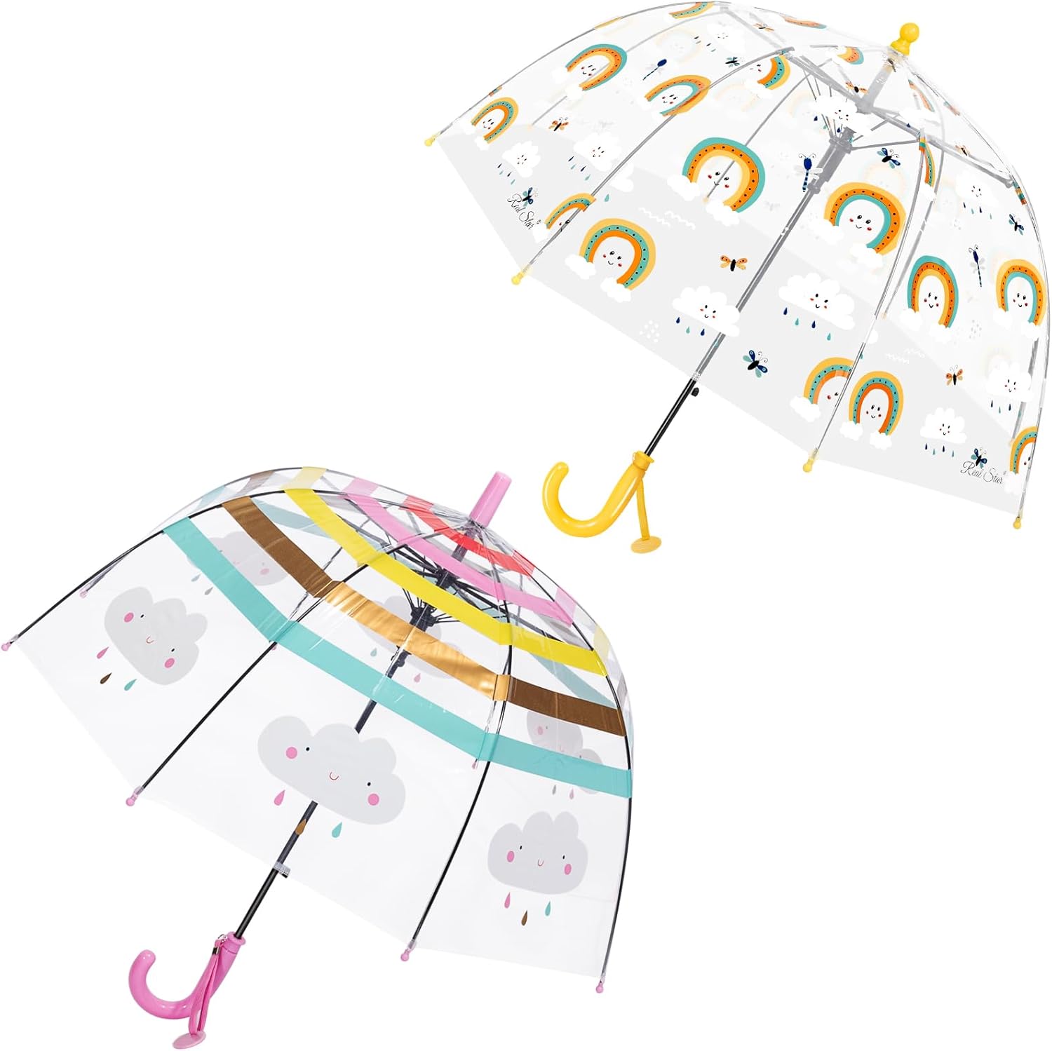 RONIARE 2 Pack Kids Clear Umbrellas for Rain Dome Bubble Umbrella Windproof for Toddler Boys Girls 2 Styles Rainbow