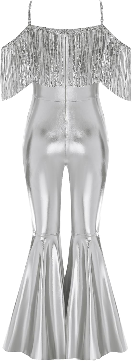 YiZYiF Kids Girls Metallic Flared Pants Jumpsuit Spaghetti Straps Hippie Dance Full Body Unitard Performance Costume