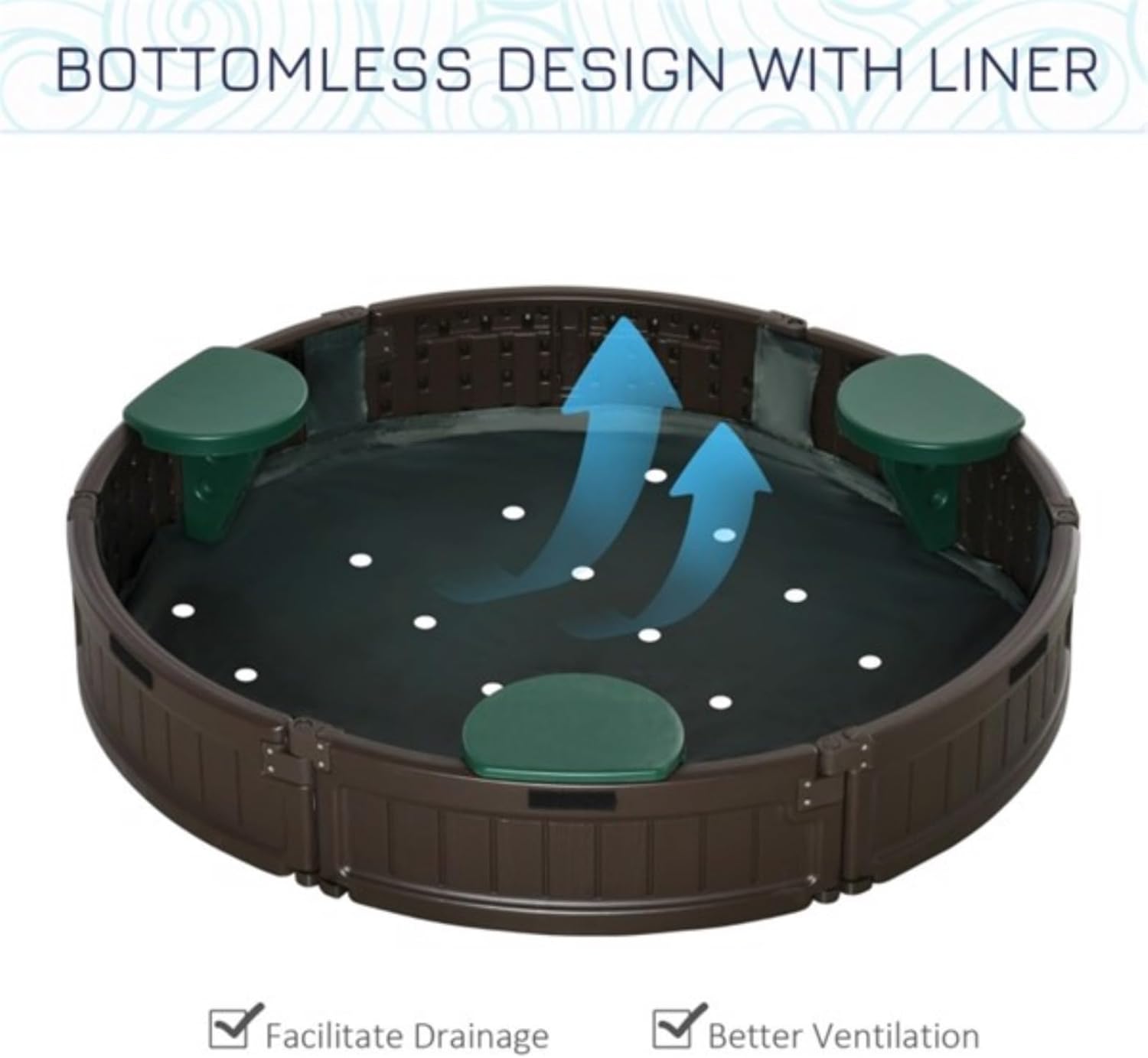 Round Sandbox, Children's Sandbox, 3 Semi-Circular Seat Plates, Oxford Cloth Cover, Polished Smooth Surface, Made of High-Density Polyethylene, Suitable for Children Aged 3-12, Chocolate Brown