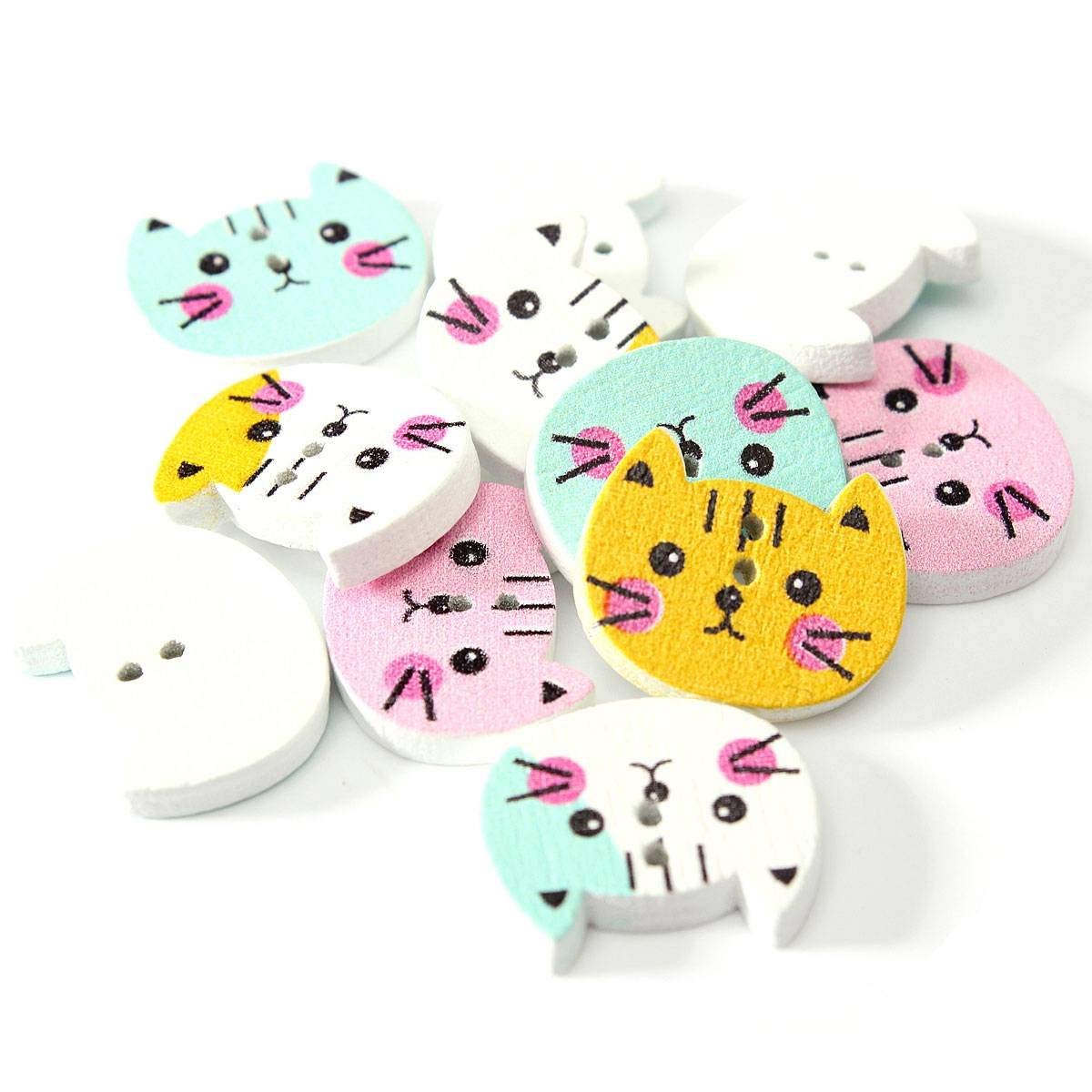 ROSENICE 100 Bottoni Decorativi In Legno A Forma Di Gatto - Colorati, Per Cucito, Scrapbooking E Attività Creative
