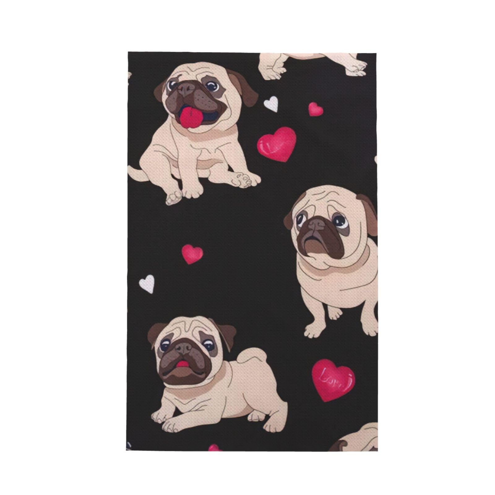 CKGODGF Cute Pug Print Absorbent Waffle Dishcloths,Kitchen Towels With Hanging Loops,Tea Towels.