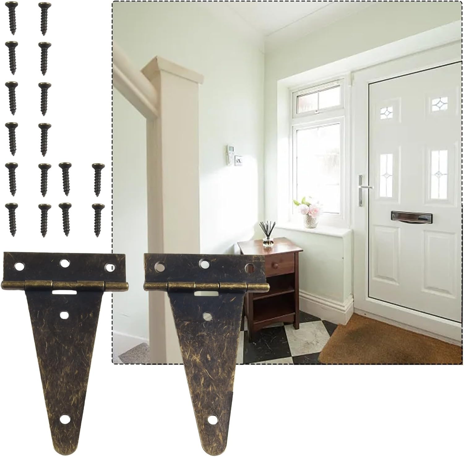 Shed Door Gate Hinges, Bronze Flat T Hinges, with Screws, for Barn Gates Wooden Storage Boxes Wine Cases Marine Cabins and Yacht Doors, 10.1 * 6cm, 2pcs