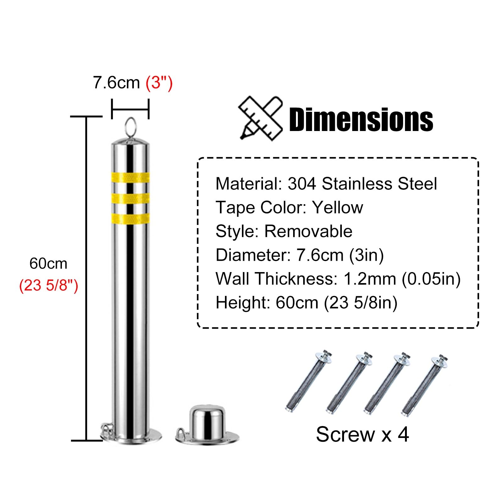 Conos de seguridad Barrera de control de acceso de poste de bolardo montado en el piso de concreto duradero for mejorar la seguridad vial y la gestión del tráfico(4Pcs,75cm)