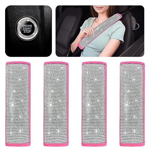 Kewucn Bling Car Seat Belt Shoulder Pads, PU Leather Crystal Rhinestone Auto Seatbelt Covers with Glitter Start Button Ring, Universal Diamond Vehicle Decor Accessories 5 Pack Set for Women (Pink)