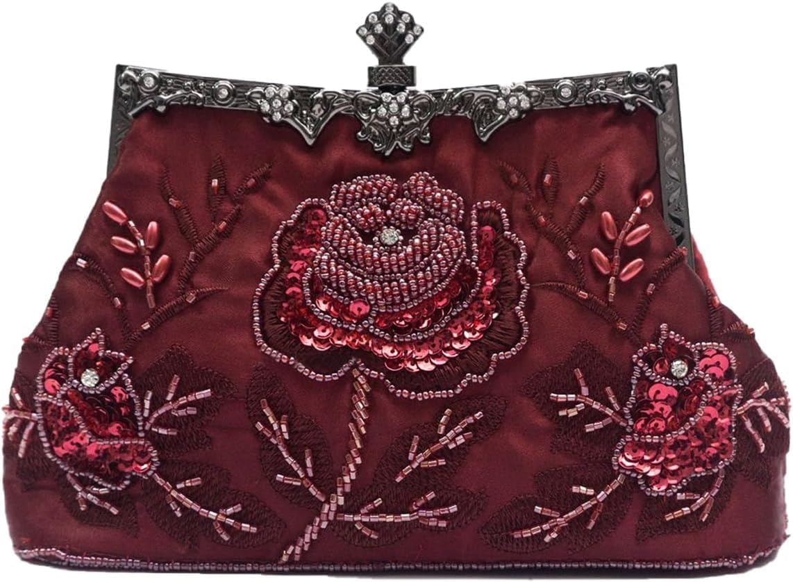 Vintage Beaded Evening Bag Pearl Clutch Bag for Women Bridal Wedding Purse Sequin Handbag Floral Shoulder Bag