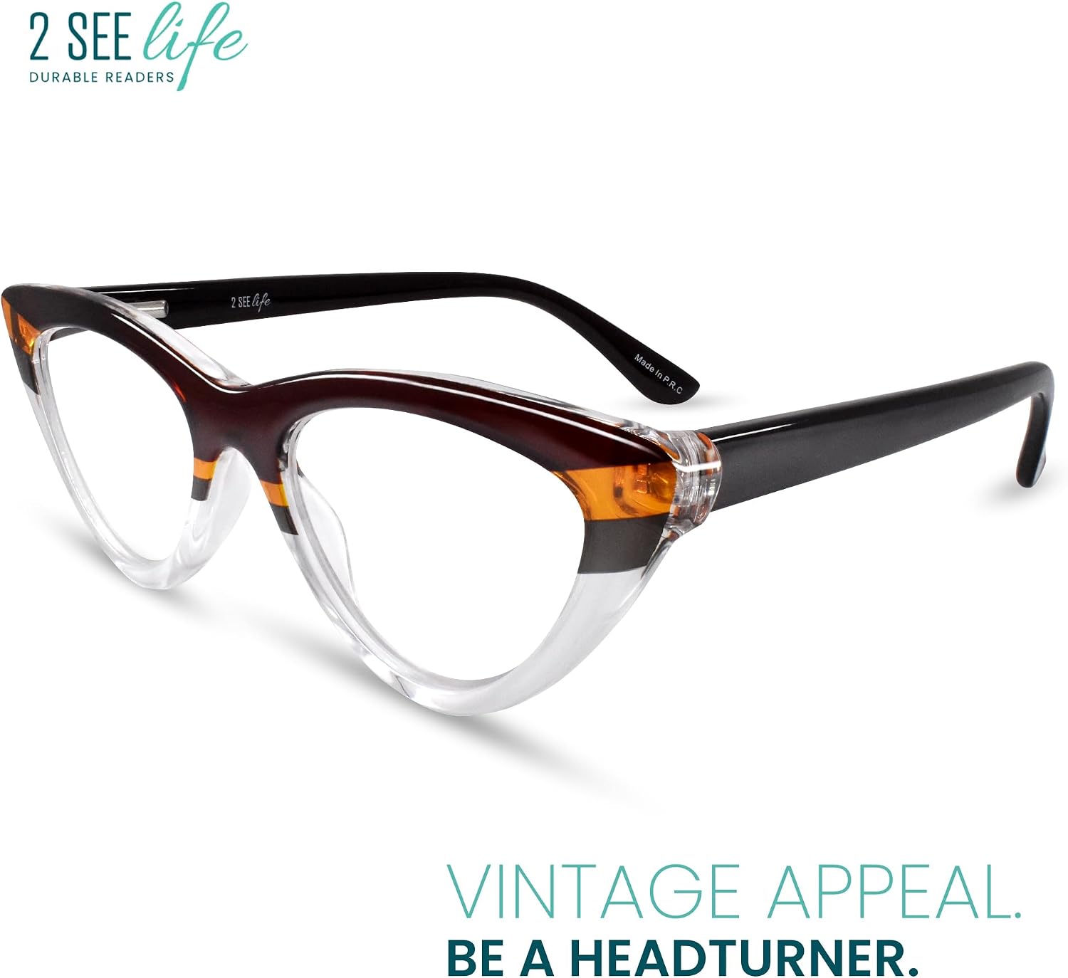 2SeeLife Premium Cat Eye Reading Glasses for Women – Narrow–Medium Fit, Sturdy Frame, Spring Hinges, Stylish Funky Readers, Brown Stripes, +3.50