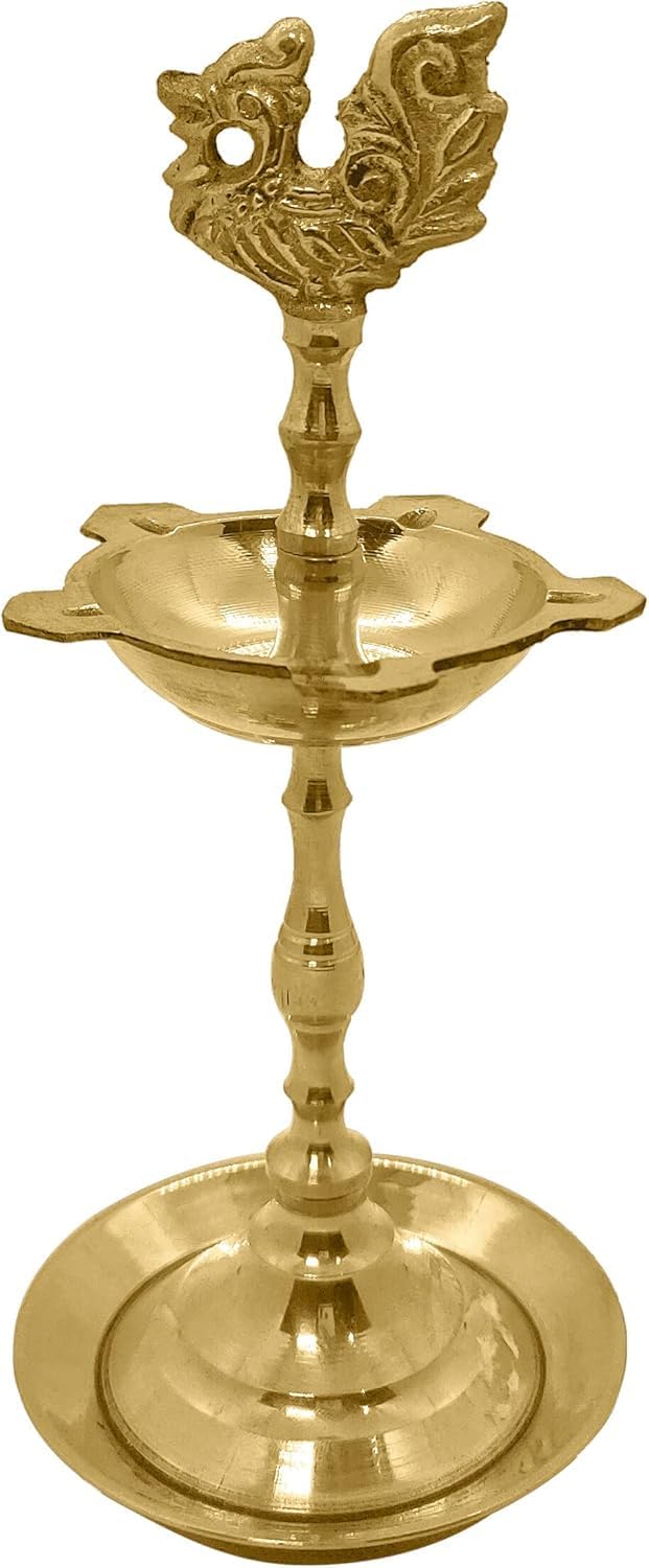 SATVIK Brass Kerala Samai – 6-6.5 Inch 1 Step Peacock Oil Lamp | Traditional Kutthu Vilakku Diya for Pooja, Temple & Diwali Decoration (1 Pc)