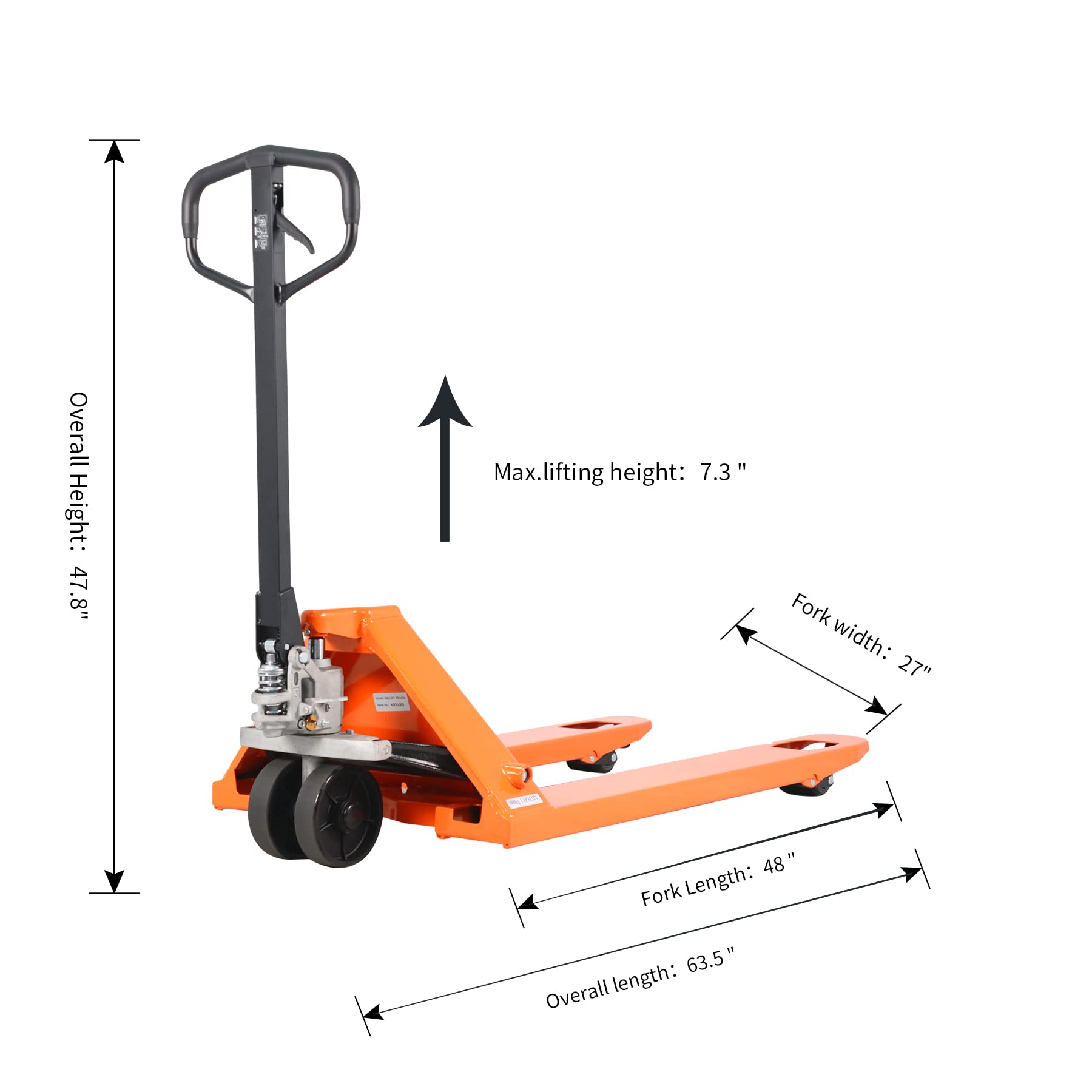 Tory Carrier Pallet Jack Hand Truck Manual Pallet Jacks 5500-Lb. Capacity, 27 x 48 Forks Standard Duty, Rubber Handle, PU Wheels