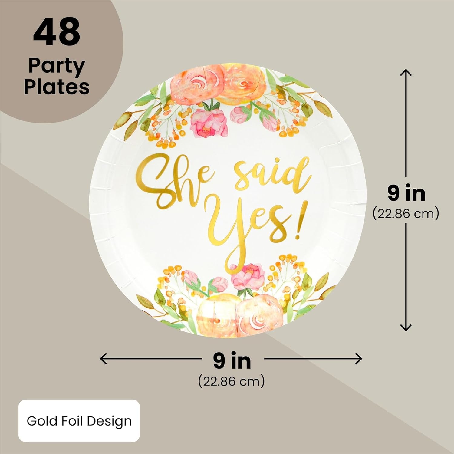 Sparkle and Bash Gold Foil Paper Plates - 9 Inch, White & Gold, 48 Count - She Said Yes Engagement Cake Plates & Floral Bridal Shower Party Pack (Pack of 2)