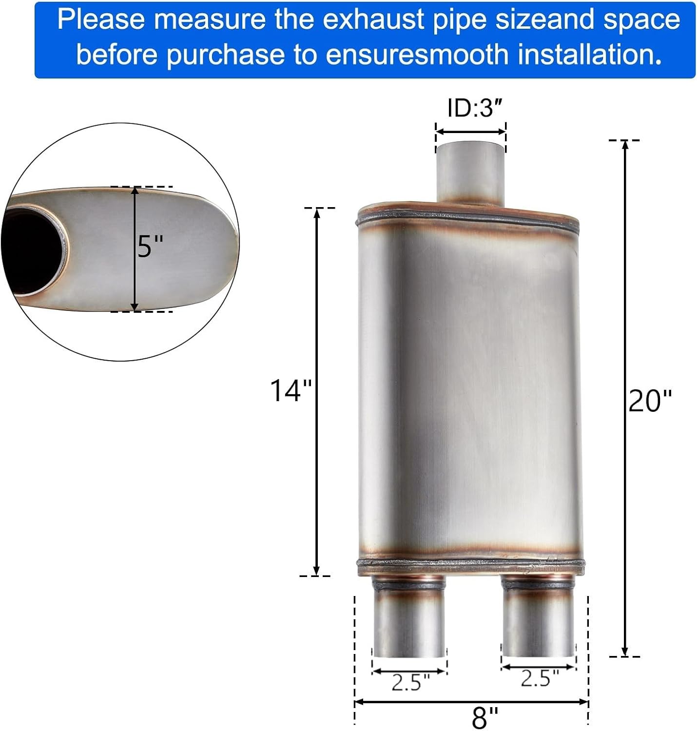 Universal 409 Stainless Performance Exhaust Muffler, single in dual out muffle (3 in inlet 2.5 in dual outlet)