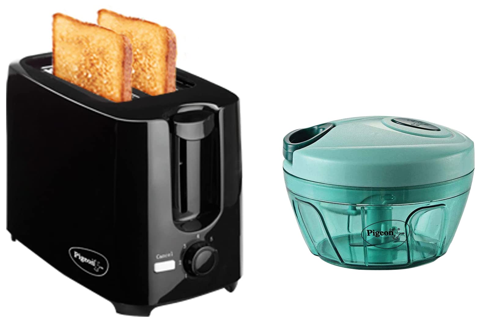 Pigeon 2 Slice Auto Pop Up Toaster. A Smart Bread Toaster For Your Home | 750 Watts, Plastic Mini Handy And Compact Chopper With 3 Blades (Green, 400 Ml)