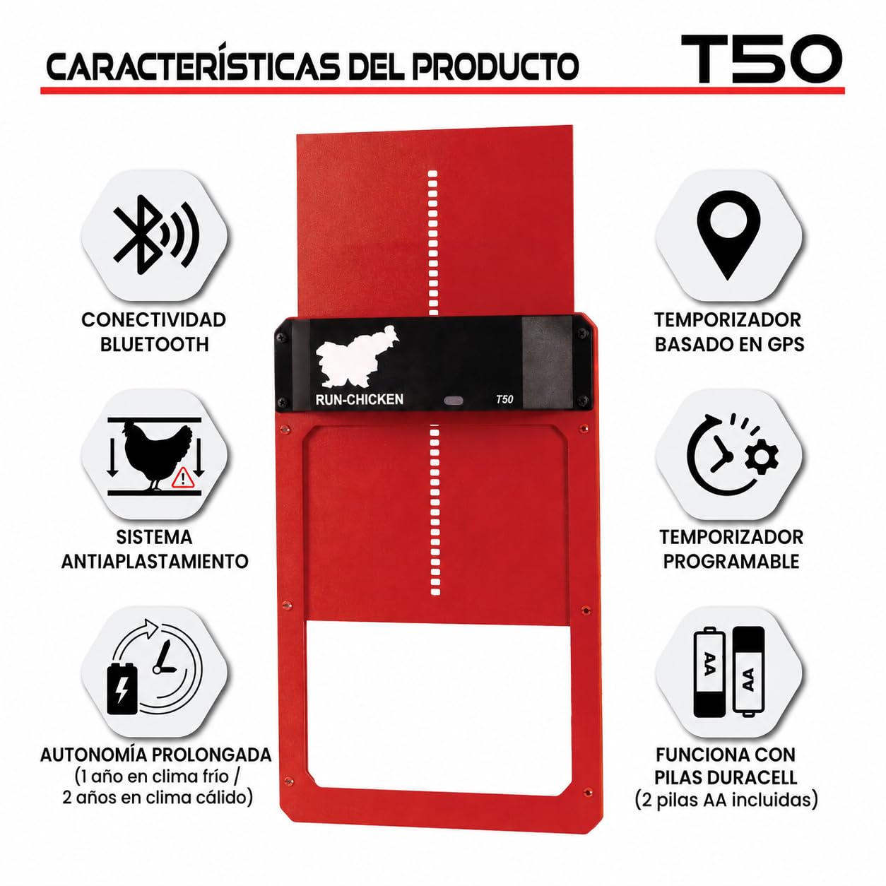 RUN‑CHICKEN Door T50 Red – Puerta automática roja para gallineros, Funciona con Pilas AA, Control por App, Sensor de luz, Temporizador con retardo y Aluminio Resistente para Exteriores